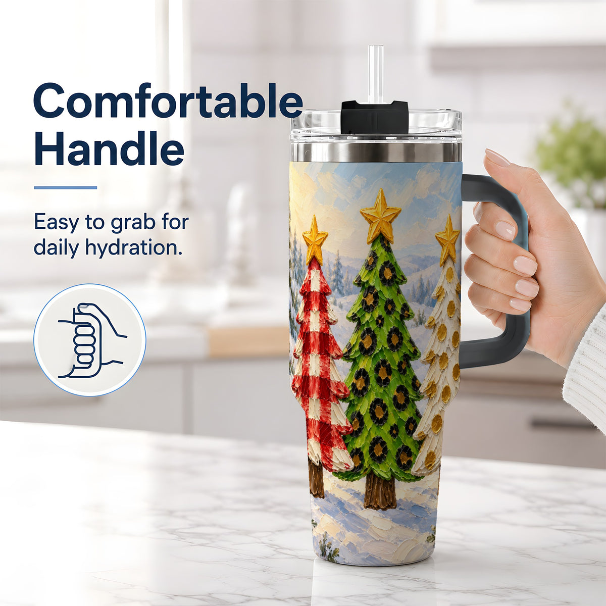 #pl[40oz|Black] Patterned Christmas Trees 40oz Handled Tumbler, Leopard Print Art