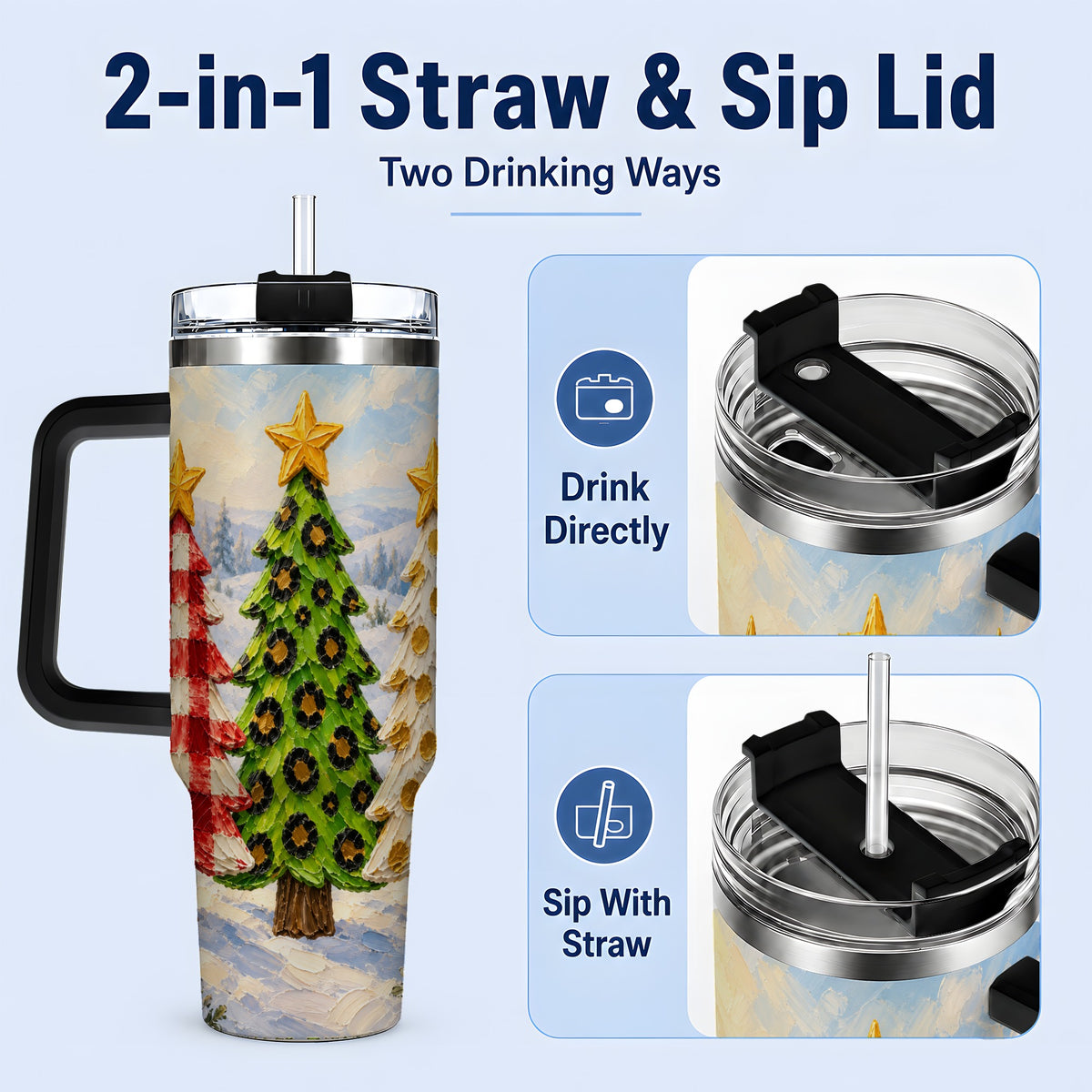 #pl[40oz|Black] Patterned Christmas Trees 40oz Handled Tumbler, Leopard Print Art