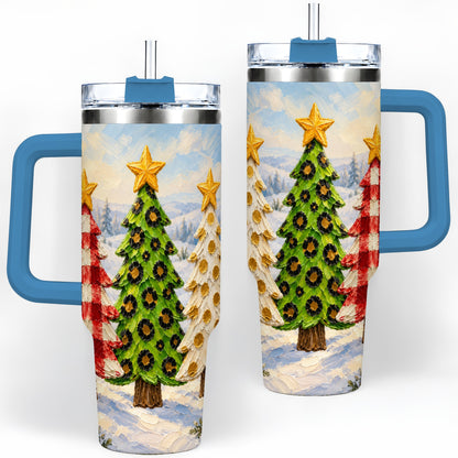 #pl[40oz|Blue] Patterned Christmas Trees 40oz Handled Tumbler, Leopard Print Art