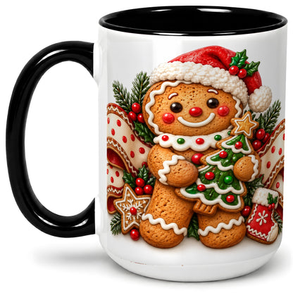 #pl[15oz|Black] Christmas Gingerbread Man Accent Mug, Ceramic Cup with Festive Art