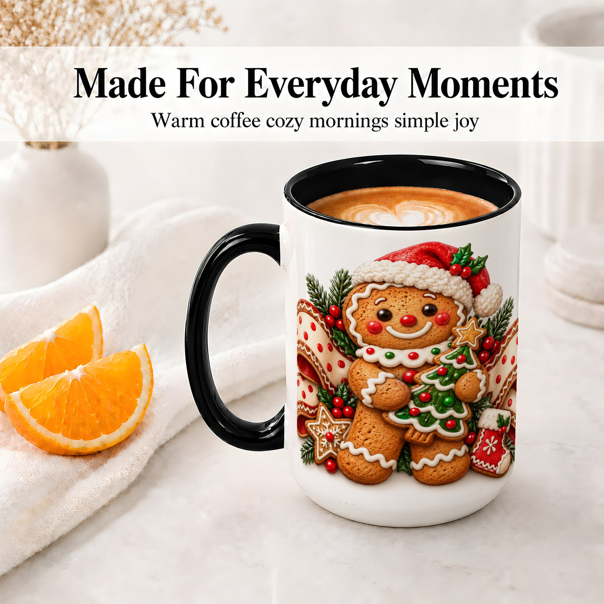 #pl[15oz|Black] Christmas Gingerbread Man Accent Mug, Ceramic Cup with Festive Art