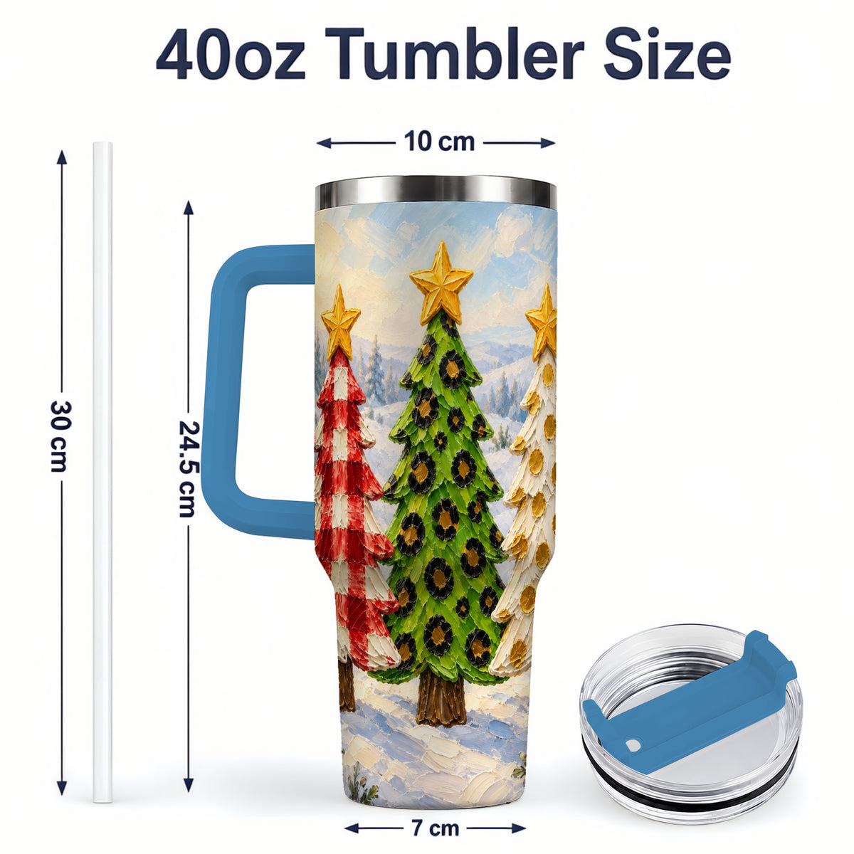 #pl[40oz|Blue] Patterned Christmas Trees 40oz Handled Tumbler, Leopard Print Art