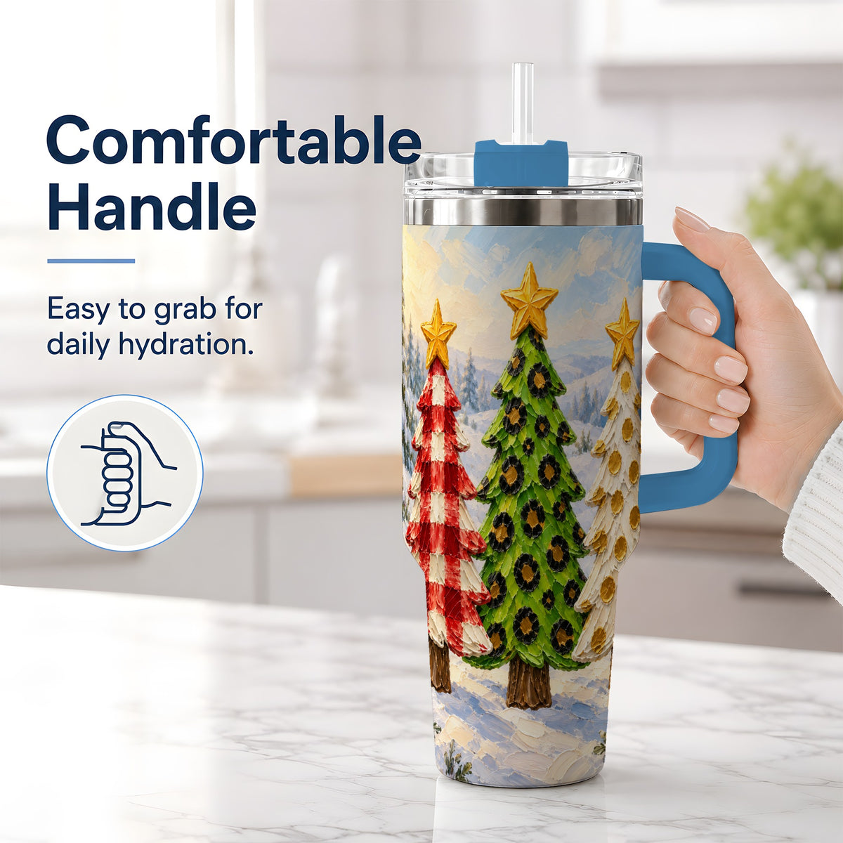 #pl[40oz|Blue] Patterned Christmas Trees 40oz Handled Tumbler, Leopard Print Art
