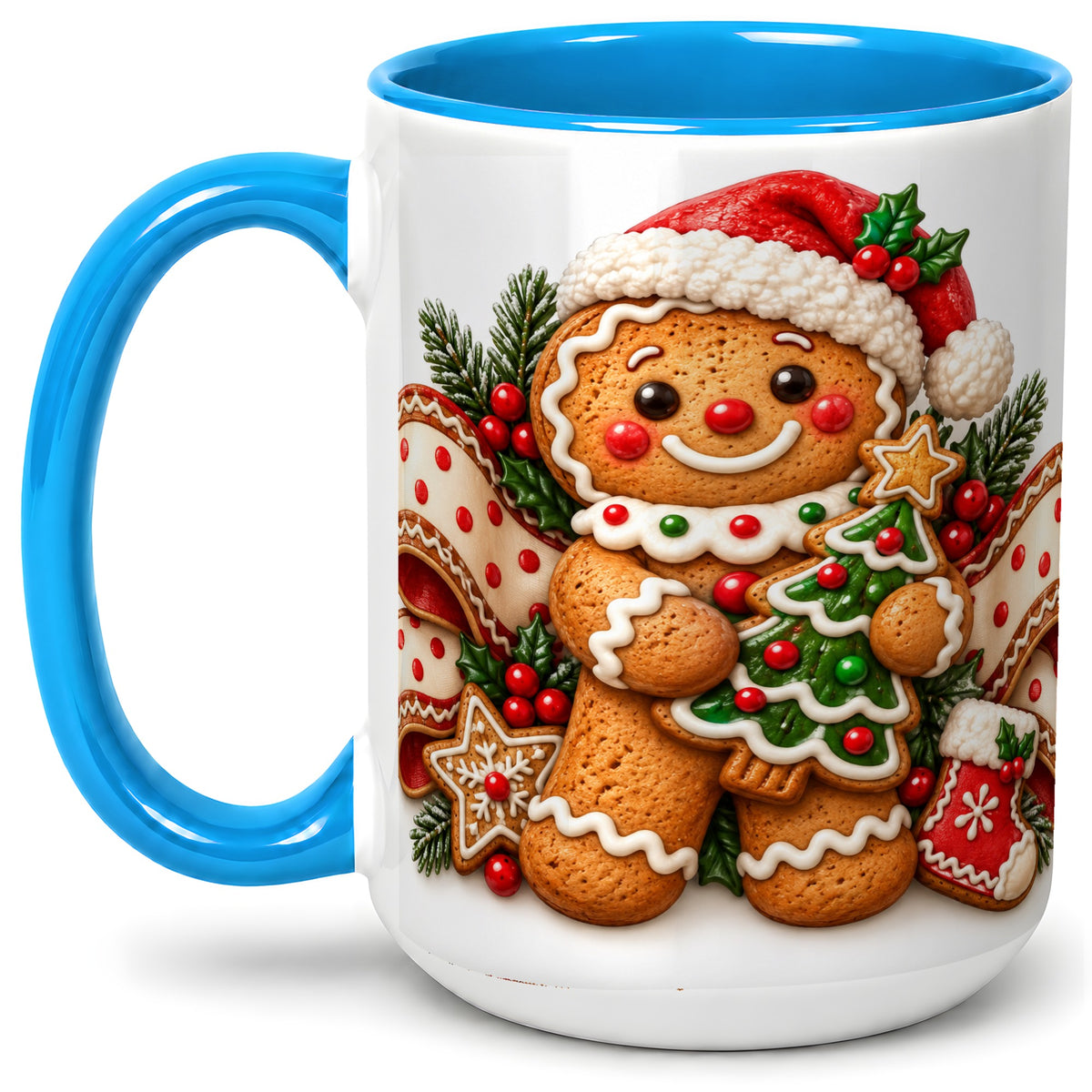 #pl[15oz|Blue] Christmas Gingerbread Man Accent Mug, Ceramic Cup with Festive Art
