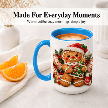#pl[15oz|Blue] Christmas Gingerbread Man Accent Mug, Ceramic Cup with Festive Art