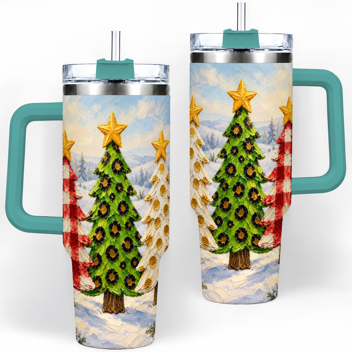 #pl[40oz|Green] Patterned Christmas Trees 40oz Handled Tumbler, Leopard Print Art