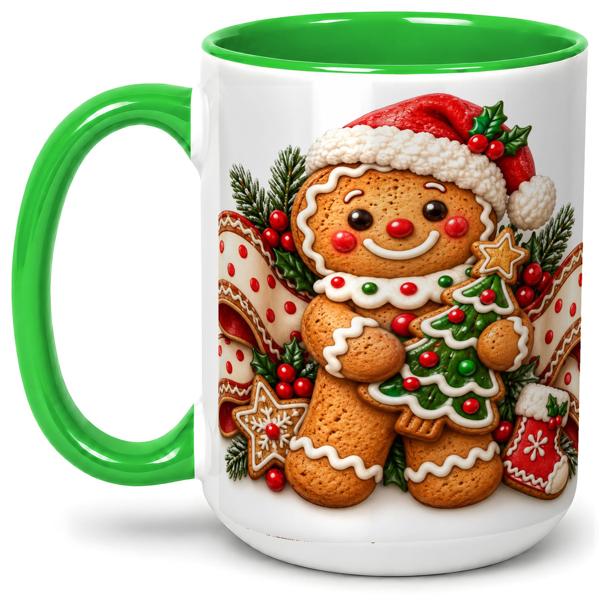 #pl[15oz|Green] Christmas Gingerbread Man Accent Mug, Ceramic Cup with Festive Art