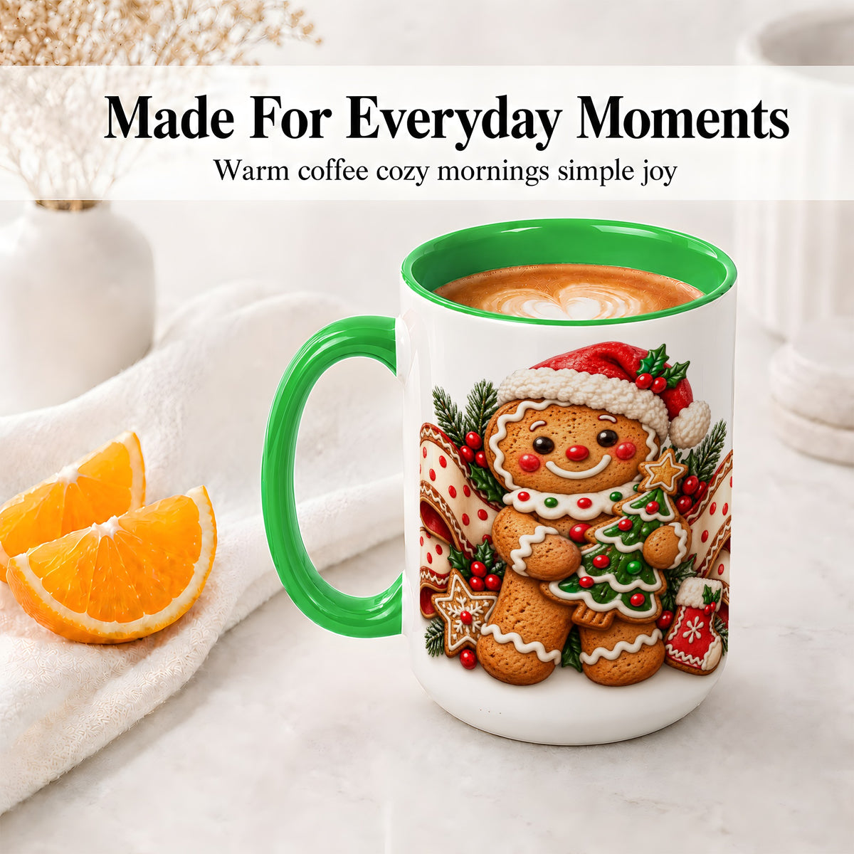 #pl[15oz|Green] Christmas Gingerbread Man Accent Mug, Ceramic Cup with Festive Art