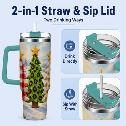#pl[40oz|Green] Patterned Christmas Trees 40oz Handled Tumbler, Leopard Print Art