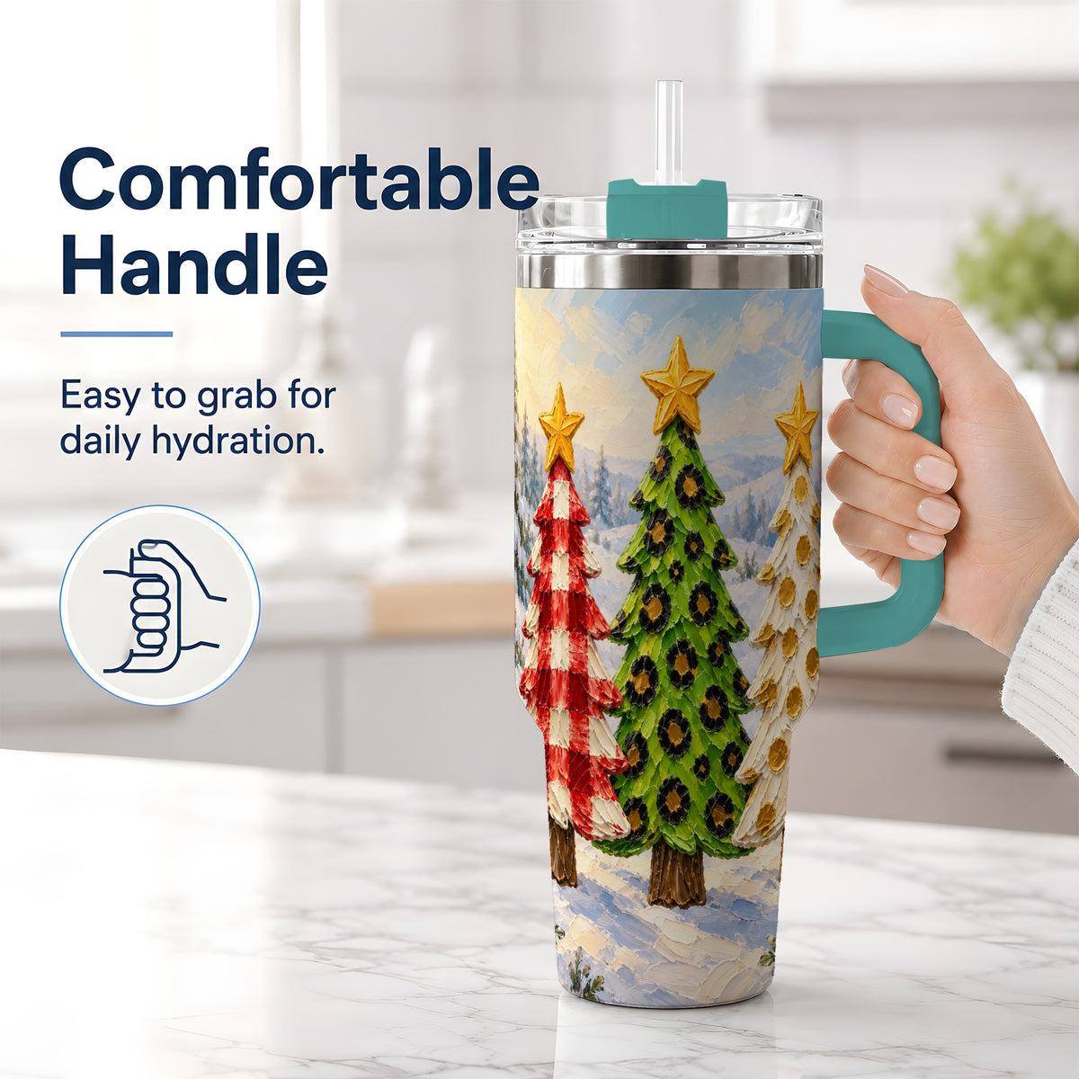 #pl[40oz|Green] Patterned Christmas Trees 40oz Handled Tumbler, Leopard Print Art