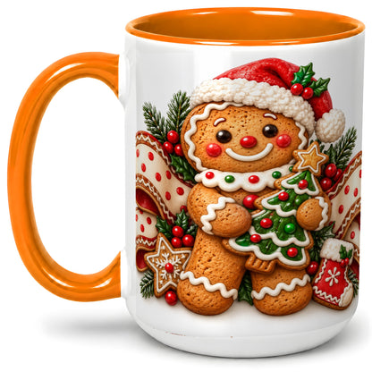 #pl[15oz|Orange] Christmas Gingerbread Man Accent Mug, Ceramic Cup with Festive Art