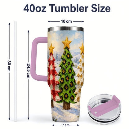 #pl[40oz|Pink] Patterned Christmas Trees 40oz Handled Tumbler, Leopard Print Art