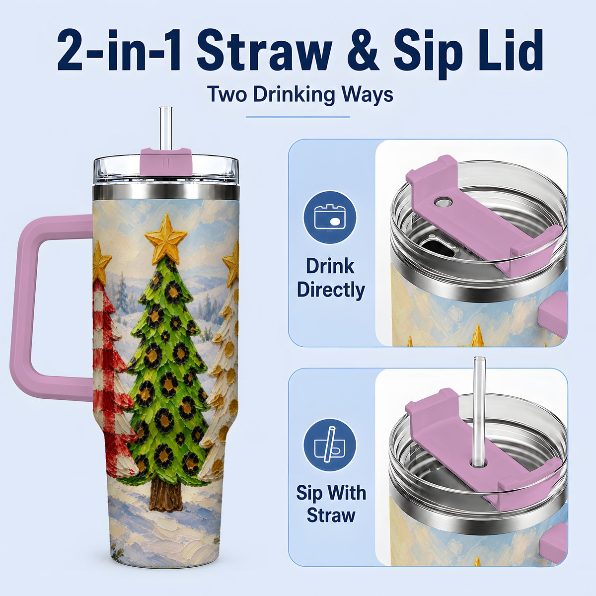 #pl[40oz|Pink] Patterned Christmas Trees 40oz Handled Tumbler, Leopard Print Art