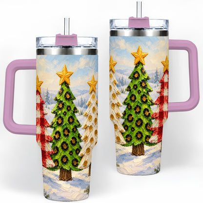 #pl[40oz|Pink] Patterned Christmas Trees 40oz Handled Tumbler, Leopard Print Art