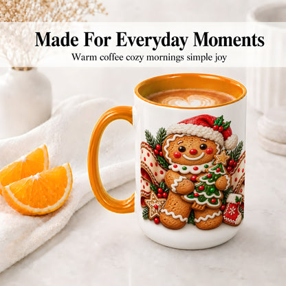 #pl[15oz|Orange] Christmas Gingerbread Man Accent Mug, Ceramic Cup with Festive Art