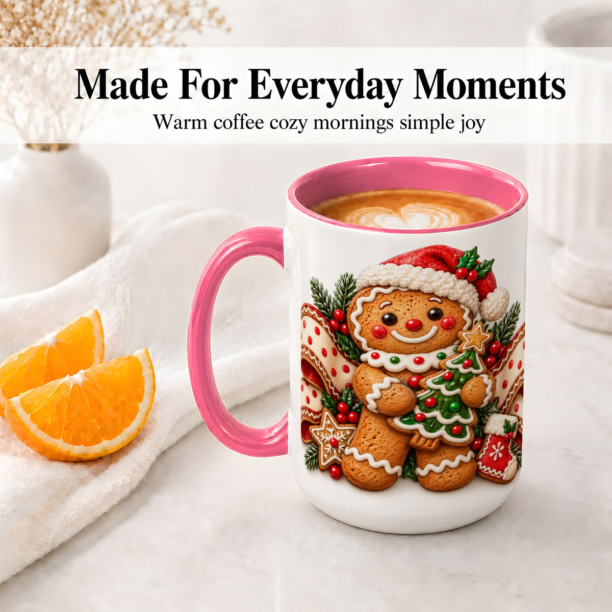 #pl[15oz|Pink] Christmas Gingerbread Man Accent Mug, Ceramic Cup with Festive Art