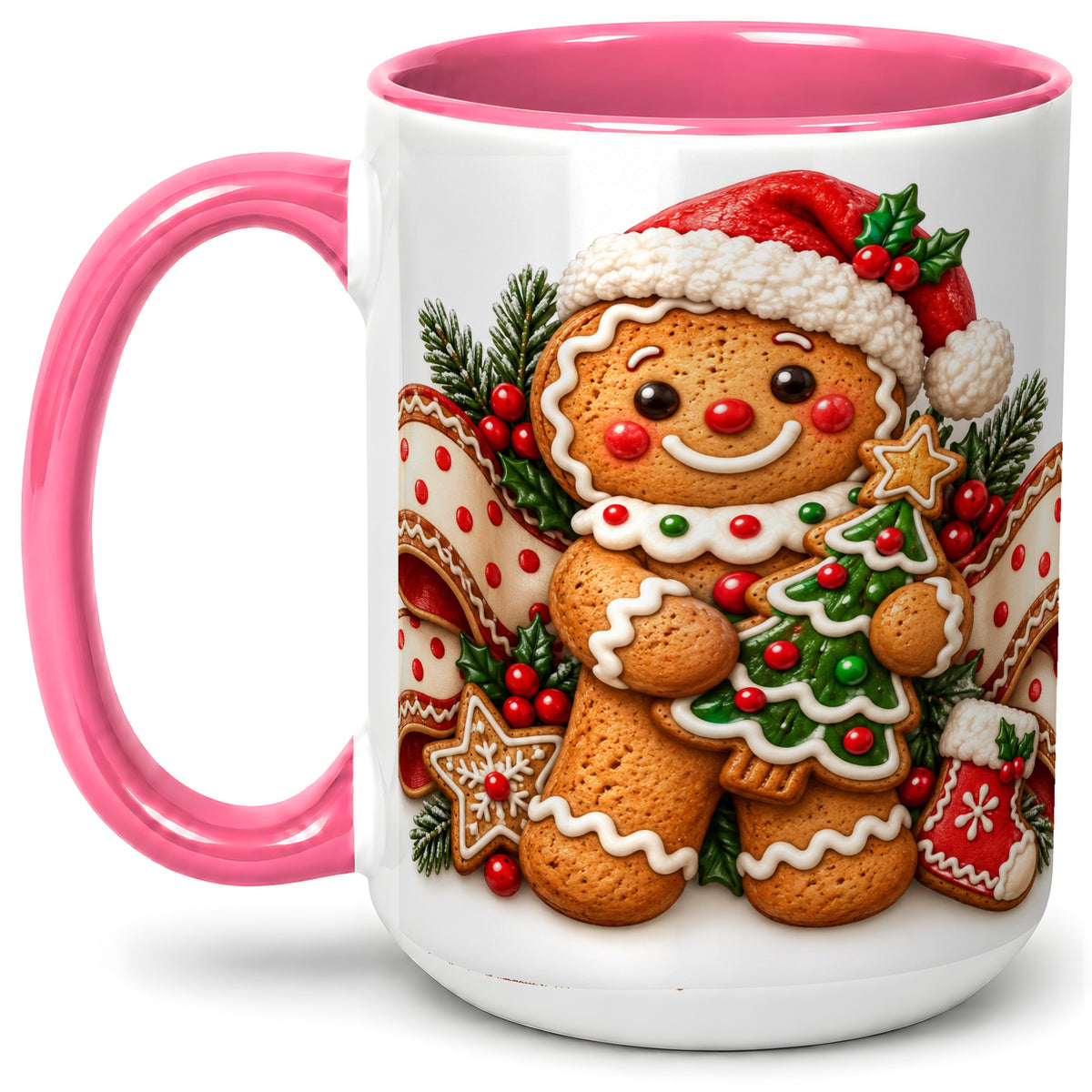 #pl[15oz|Pink] Christmas Gingerbread Man Accent Mug, Ceramic Cup with Festive Art