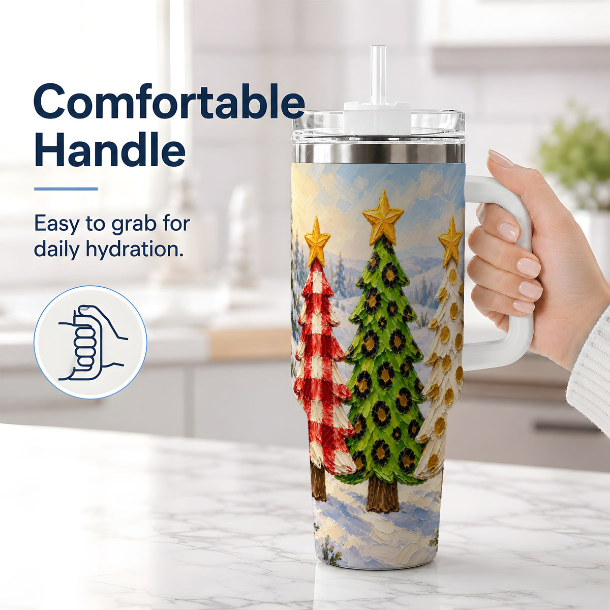 #pl[40oz|White] Patterned Christmas Trees 40oz Handled Tumbler, Leopard Print Art