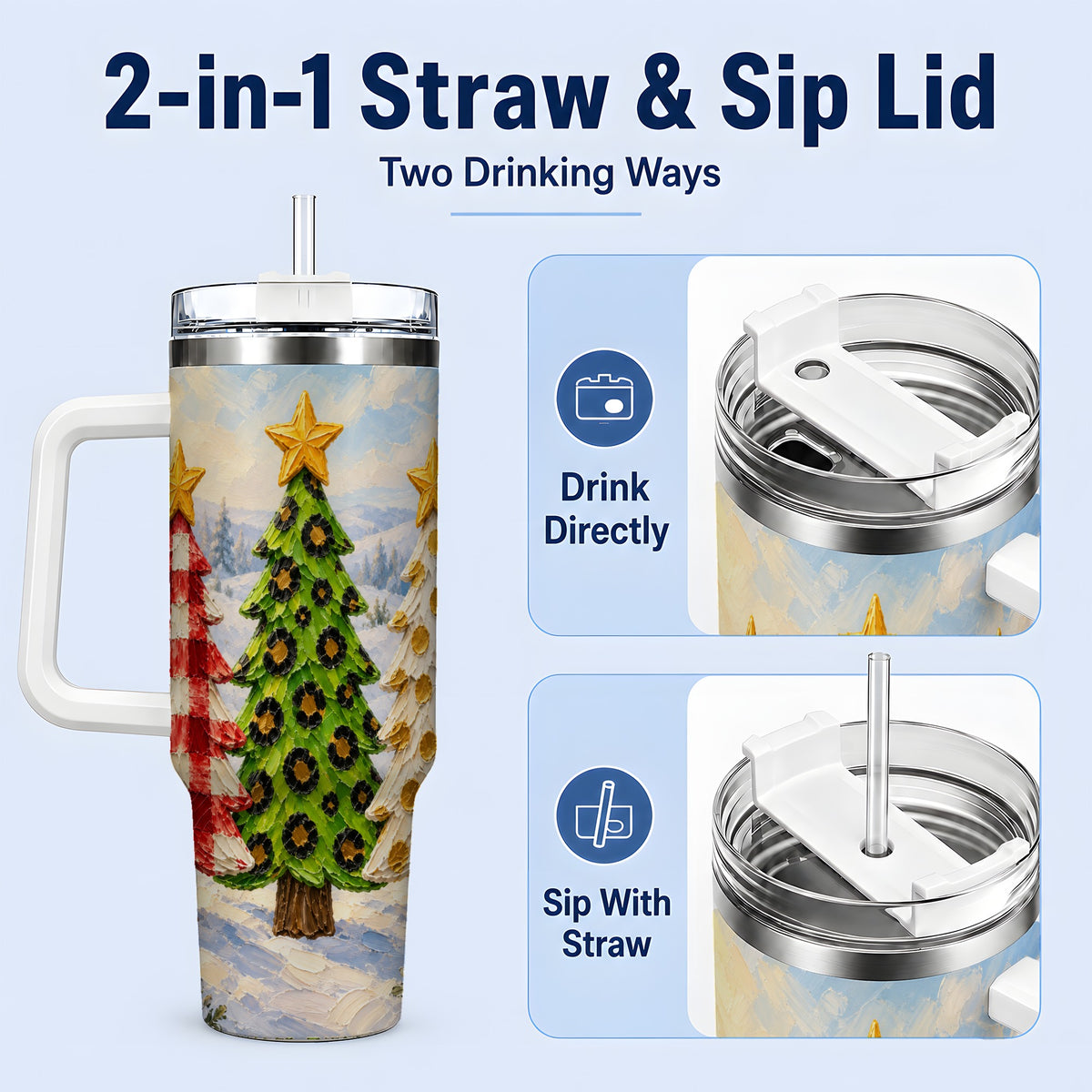 #pl[40oz|White] Patterned Christmas Trees 40oz Handled Tumbler, Leopard Print Art