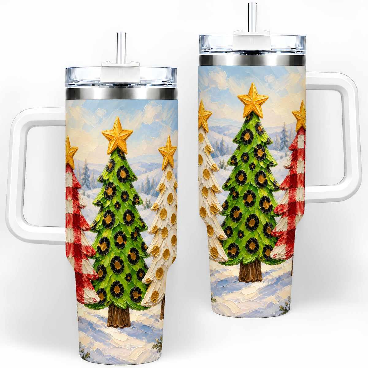 Patterned Christmas Trees 40oz Handled Tumbler, Leopard Print Art