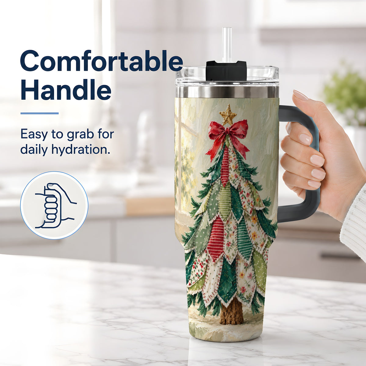 #pl[40oz|Black] Floral Patchwork Christmas Tumbler, 40oz Handled Holiday Drinkware