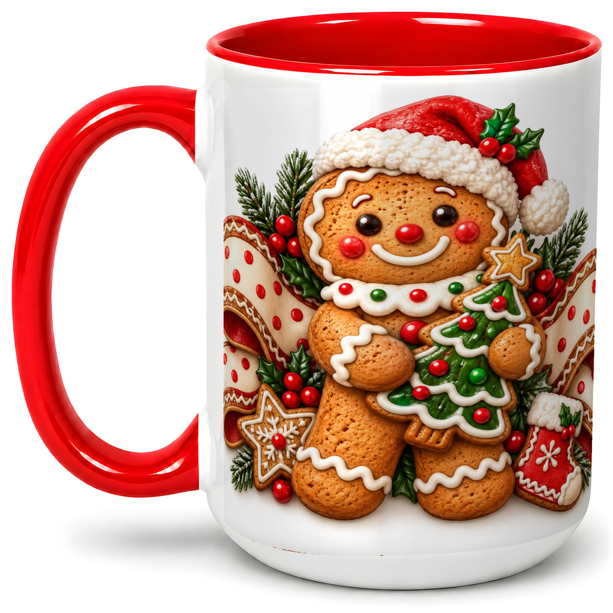 #pl[15oz|Red] Christmas Gingerbread Man Accent Mug, Ceramic Cup with Festive Art