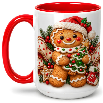 #pl[15oz|Red] Christmas Gingerbread Man Accent Mug, Ceramic Cup with Festive Art