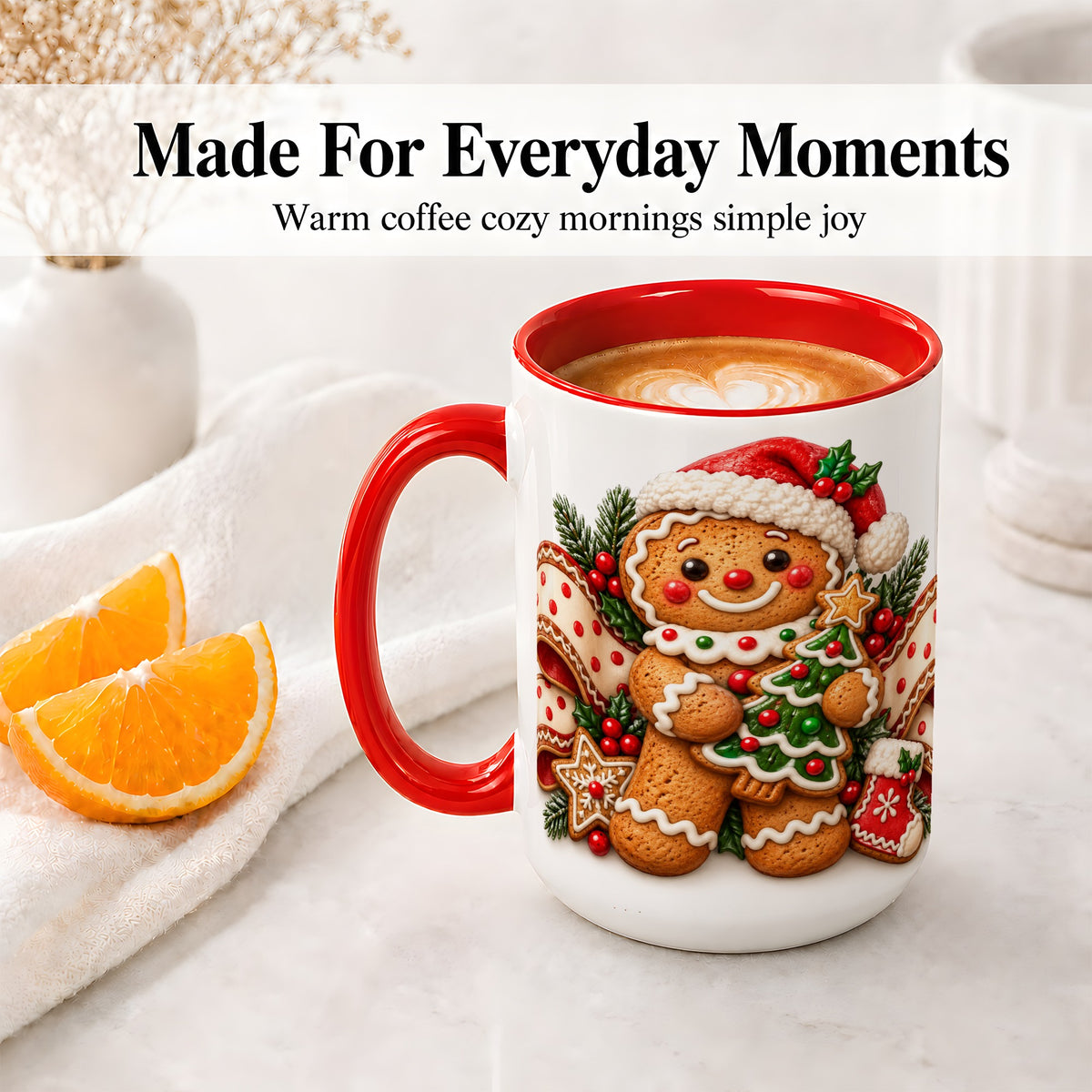 #pl[15oz|Red] Christmas Gingerbread Man Accent Mug, Ceramic Cup with Festive Art