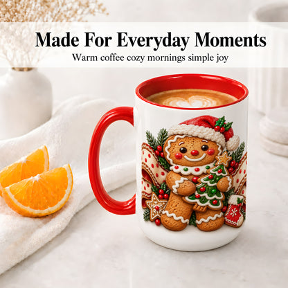 #pl[15oz|Red] Christmas Gingerbread Man Accent Mug, Ceramic Cup with Festive Art