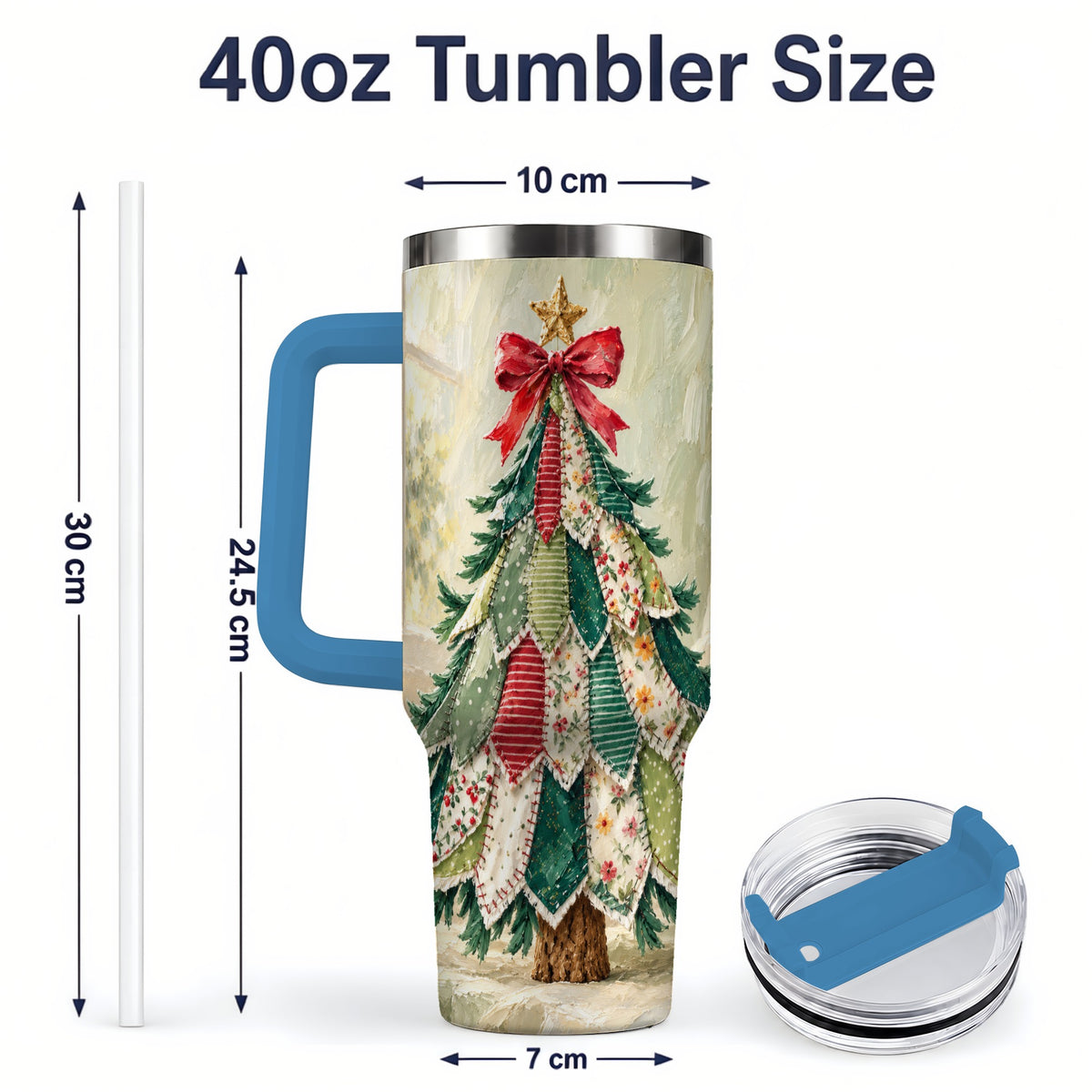 #pl[40oz|Blue] Floral Patchwork Christmas Tumbler, 40oz Handled Holiday Drinkware