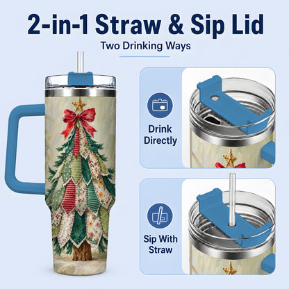 #pl[40oz|Blue] Floral Patchwork Christmas Tumbler, 40oz Handled Holiday Drinkware