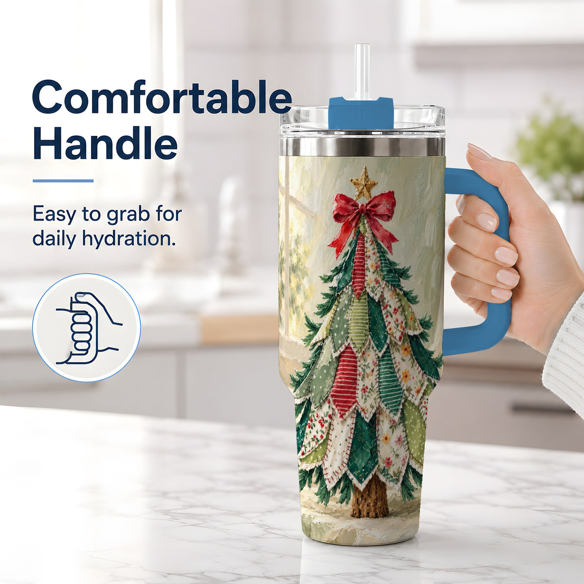 #pl[40oz|Blue] Floral Patchwork Christmas Tumbler, 40oz Handled Holiday Drinkware