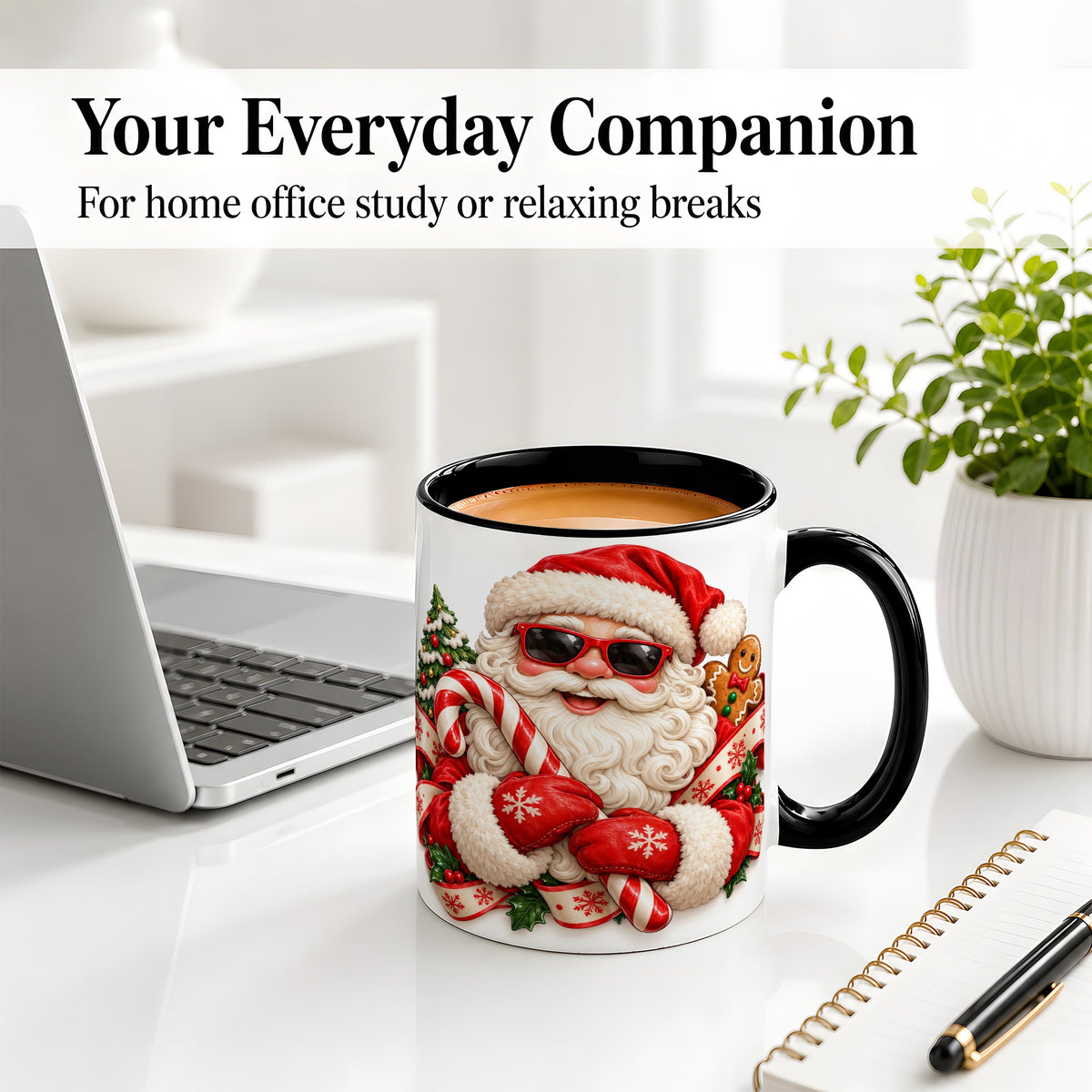 #pl[11oz|Black] Cool Santa Claus Accent Mug, Ceramic Cup with Christmas Artwork