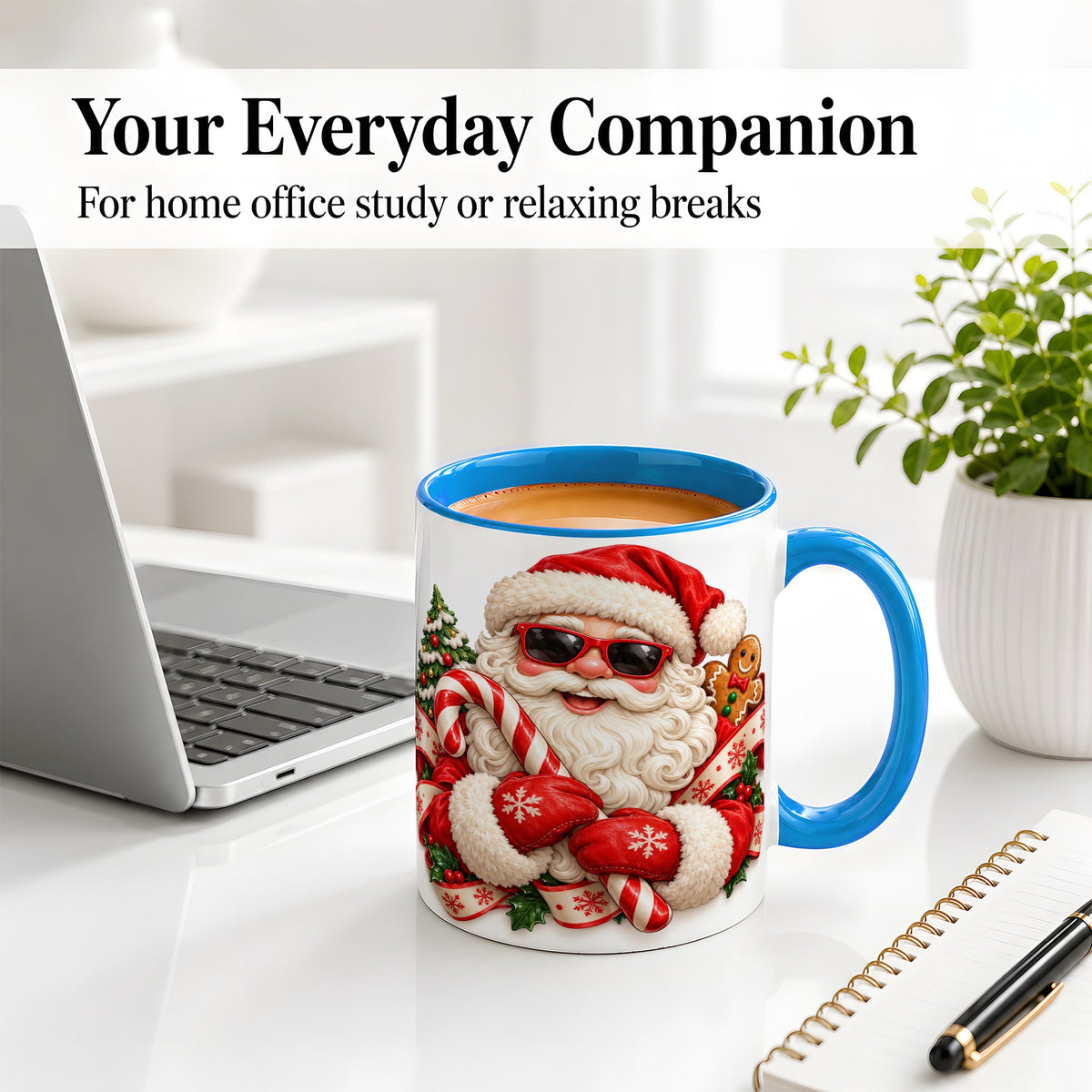 #pl[11oz|Blue] Cool Santa Claus Accent Mug, Ceramic Cup with Christmas Artwork