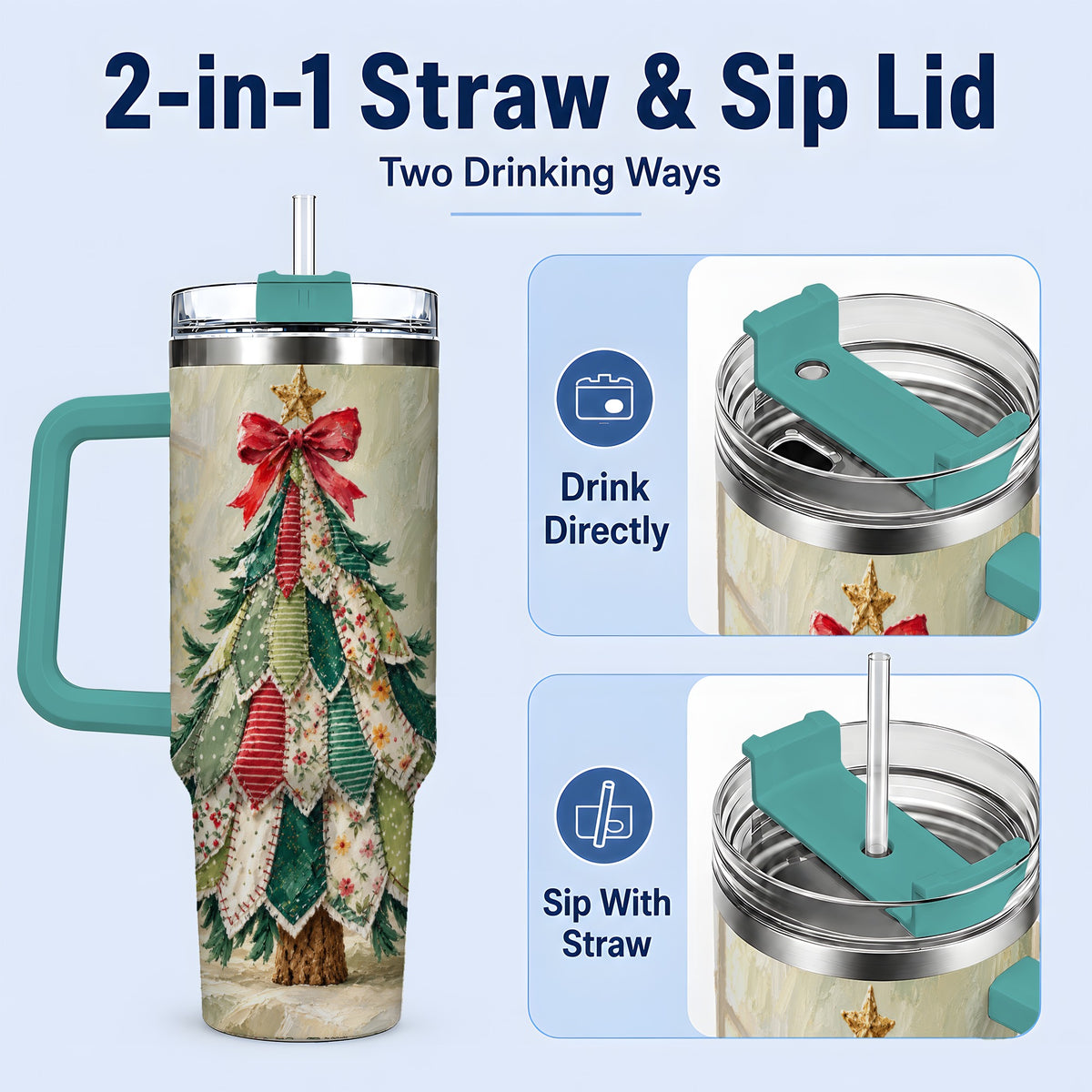 #pl[40oz|Green] Floral Patchwork Christmas Tumbler, 40oz Handled Holiday Drinkware