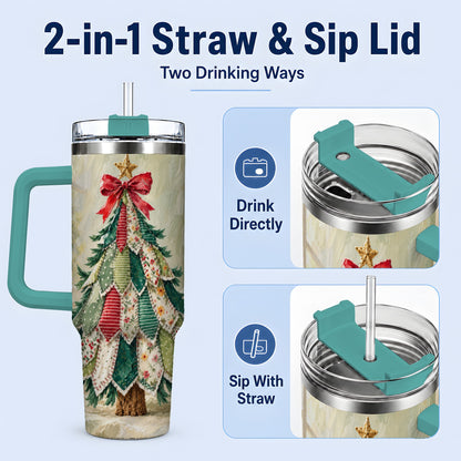 #pl[40oz|Green] Floral Patchwork Christmas Tumbler, 40oz Handled Holiday Drinkware