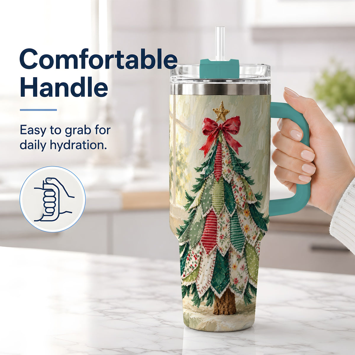 #pl[40oz|Green] Floral Patchwork Christmas Tumbler, 40oz Handled Holiday Drinkware