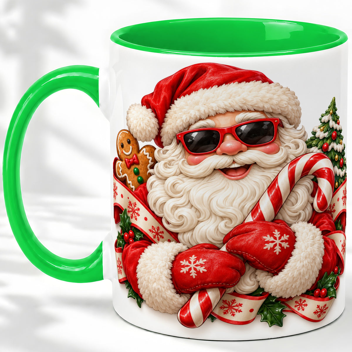 #pl[11oz|Green] Cool Santa Claus Accent Mug, Ceramic Cup with Christmas Artwork