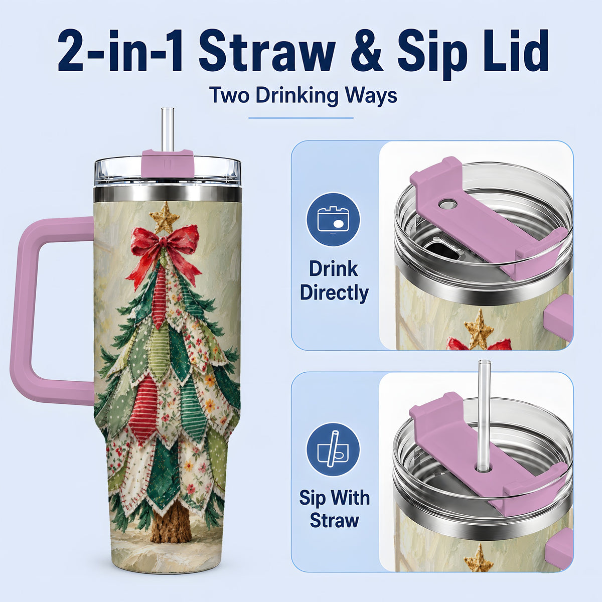 #pl[40oz|Pink] Floral Patchwork Christmas Tumbler, 40oz Handled Holiday Drinkware