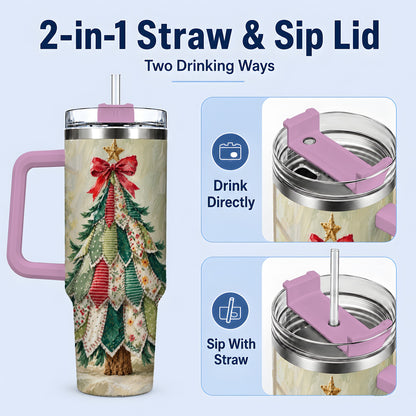 #pl[40oz|Pink] Floral Patchwork Christmas Tumbler, 40oz Handled Holiday Drinkware