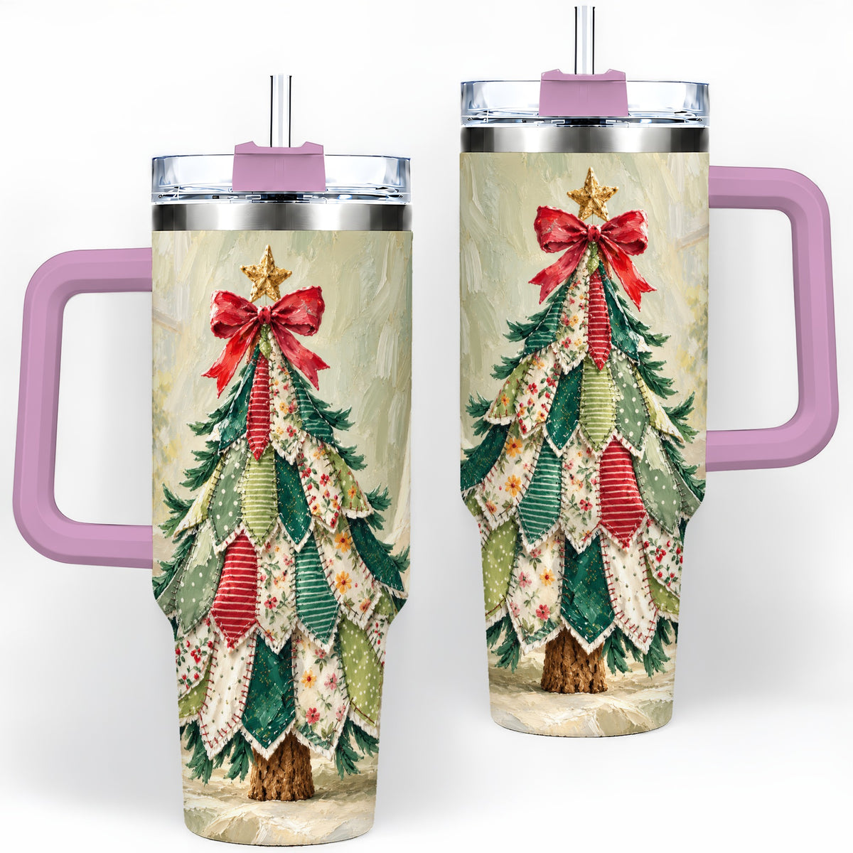 #pl[40oz|Pink] Floral Patchwork Christmas Tumbler, 40oz Handled Holiday Drinkware