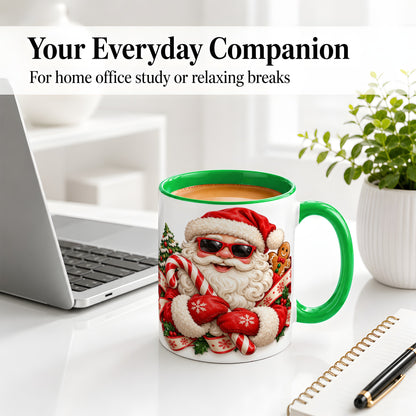 #pl[11oz|Green] Cool Santa Claus Accent Mug, Ceramic Cup with Christmas Artwork