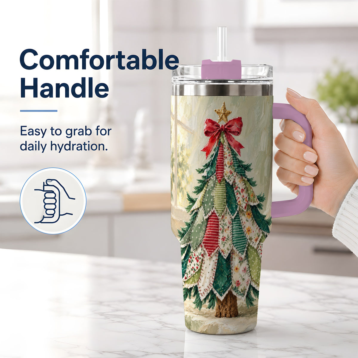 #pl[40oz|Pink] Floral Patchwork Christmas Tumbler, 40oz Handled Holiday Drinkware