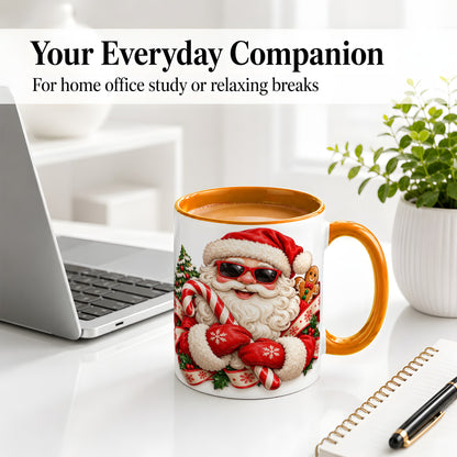 #pl[11oz|Orange] Cool Santa Claus Accent Mug, Ceramic Cup with Christmas Artwork