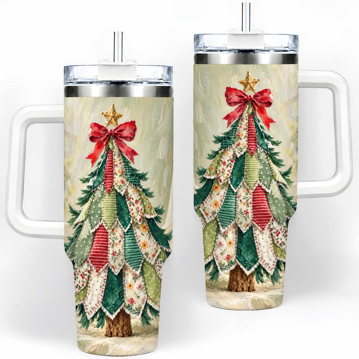 Floral Patchwork Christmas Tumbler, 40oz Handled Holiday Drinkware