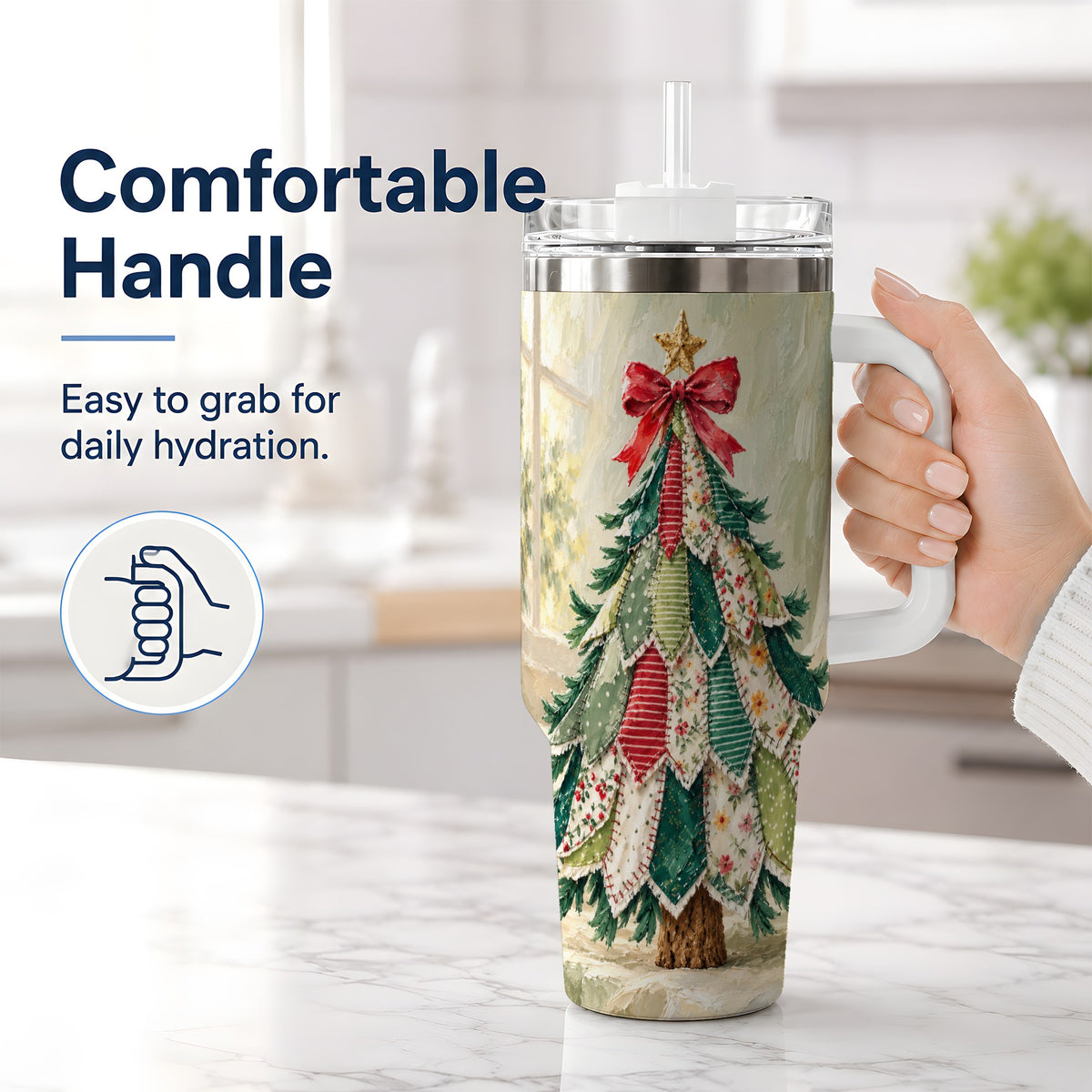 #pl[40oz|White] Floral Patchwork Christmas Tumbler, 40oz Handled Holiday Drinkware