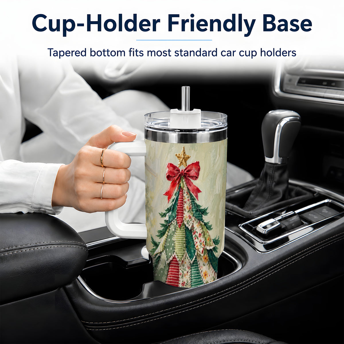 Floral Patchwork Christmas Tumbler, 40oz Handled Holiday Drinkware