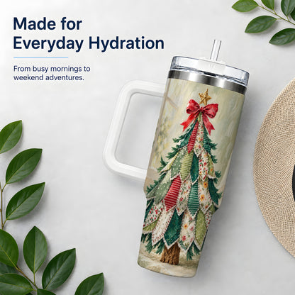 Floral Patchwork Christmas Tumbler, 40oz Handled Holiday Drinkware