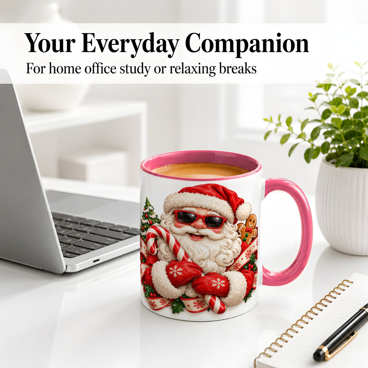 #pl[11oz|Pink] Cool Santa Claus Accent Mug, Ceramic Cup with Christmas Artwork