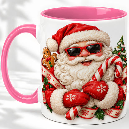 #pl[11oz|Pink] Cool Santa Claus Accent Mug, Ceramic Cup with Christmas Artwork